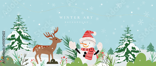 Christmas winter art background vector illustration. Hand painted winter snowy landscape, pine trees, cute snowman, snowflakes, reindeer. Design for print, decoration, poster, wallpaper, banner.