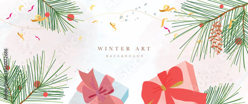 Christmas winter art background vector illustration. Hand painted winter pine leaves, golden ribbon, confetti, present box with bow ribbon. Design for print, decoration, poster, wallpaper, banner.