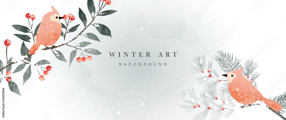Fototapeta premium Watercolor winter art background vector illustration. Hand painted natural winter botanical leaf branch with birds and snowfall background. Design for print, decoration, poster, wallpaper, banner.