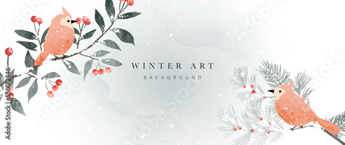 Watercolor winter art background vector illustration. Hand painted natural winter botanical leaf branch with birds and snowfall background. Design for print, decoration, poster, wallpaper, banner.
