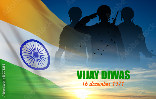 Silhouette of soldiers with India flag on a background the sky
