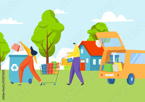 People character together ecology recycling overconsumption stuff, eco banner environmental protection flat vector illustration.