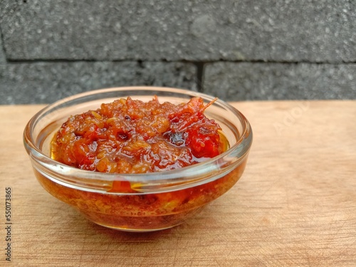 Sambal terasi. It is traditional side dish from indonesia. Made from fresh red chili and shrimp paste. Hot and delicious taste.