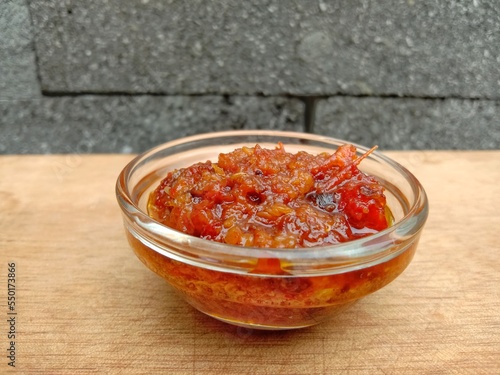 Sambal terasi. It is traditional side dish from indonesia. Made from fresh red chili and shrimp paste. Hot and delicious taste.