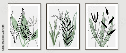 Leaf branch watercolor wall art set vector. Abstract tropical botanical foliage watercolor hand painting background. Design illustration for wall decor, home decoration, poster, wallpaper, banner.