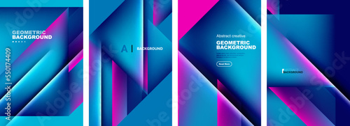 Set of abstract backgrounds - overlapping triangles with fluid gradients design. Collection of covers, templates, flyers, placards, brochures, banners