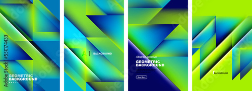 Set of abstract backgrounds - overlapping triangles with fluid gradients design. Collection of covers, templates, flyers, placards, brochures, banners