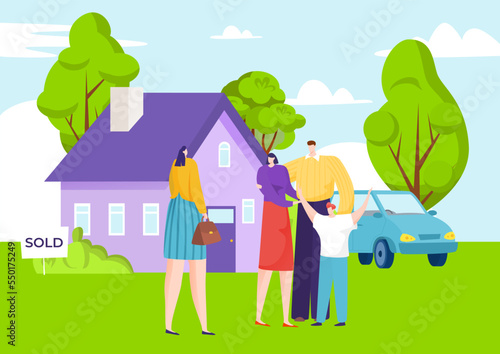 Real estate agent sell house to young family, father mother and kid character buy country apartment flat vector illustration.