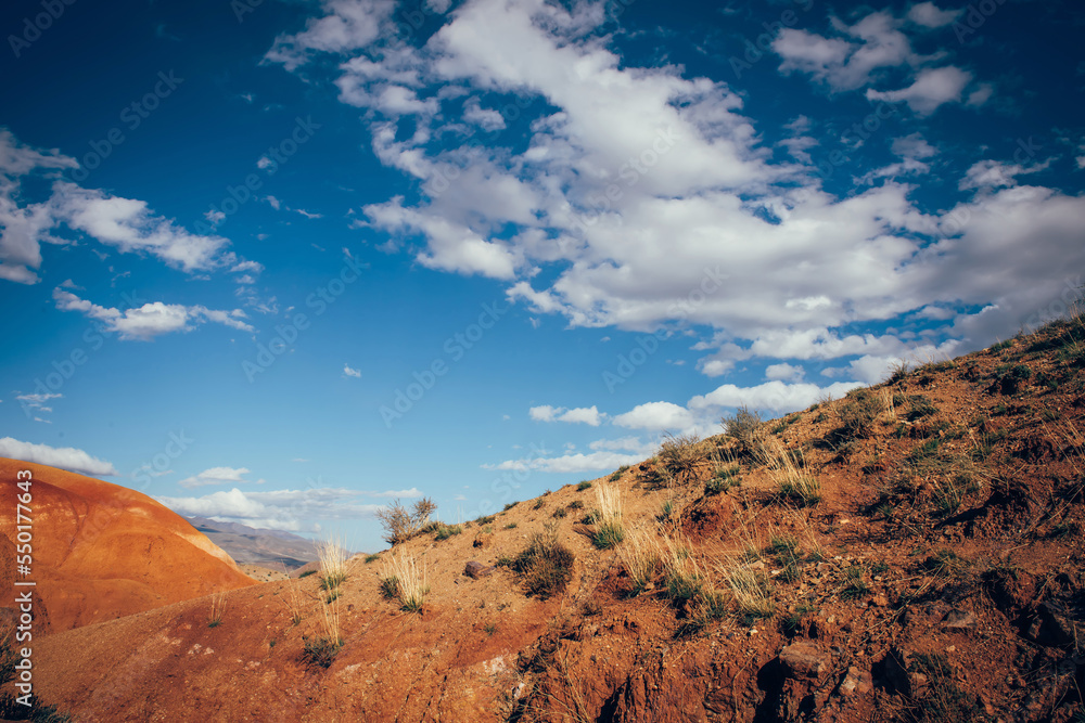 Fototapeta premium Slope of a sandstone mountain under a blue sky. Wild natural landscape.