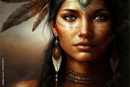 native american indian art, woman in the desert , head dress, generative ai