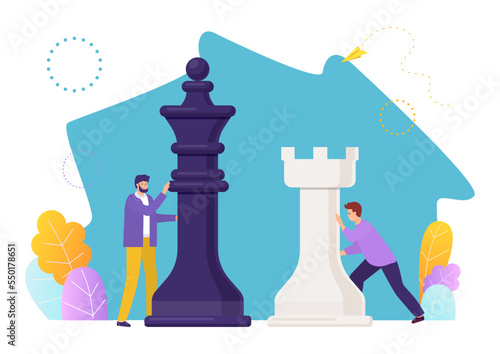 Success business teamwork strategy, employee character push chess piece, successful firm flat vector illustration, isolated on white.