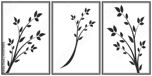 Abstract silhouette of a branch with leaves. Young flowering tree. Isolated sapling.