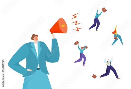 Businesswoman character hold loudspeaker and dismiss employee, female top manager fired clerk flat vector illustration, isolated on white.