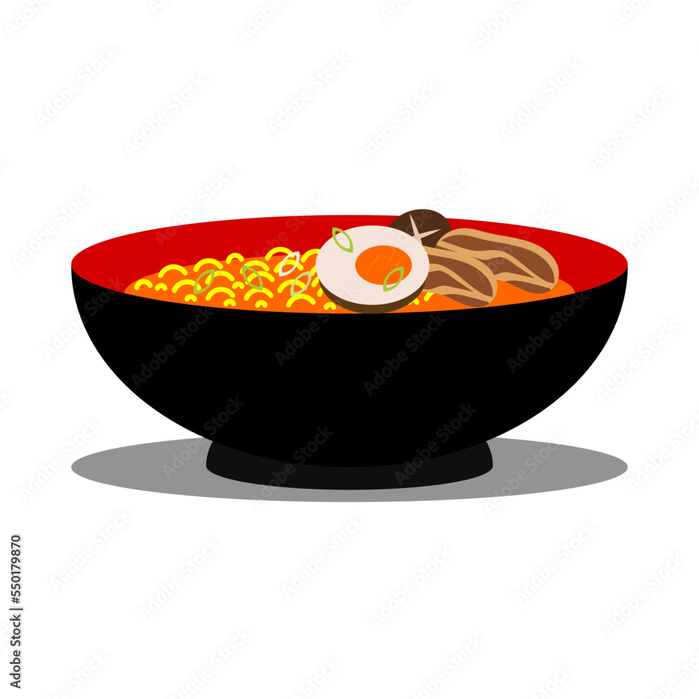 Ramen noodles with egg, meat slices, mushroom, and green onion Ramen noodles with egg, meat slices, mushroom, and green onion