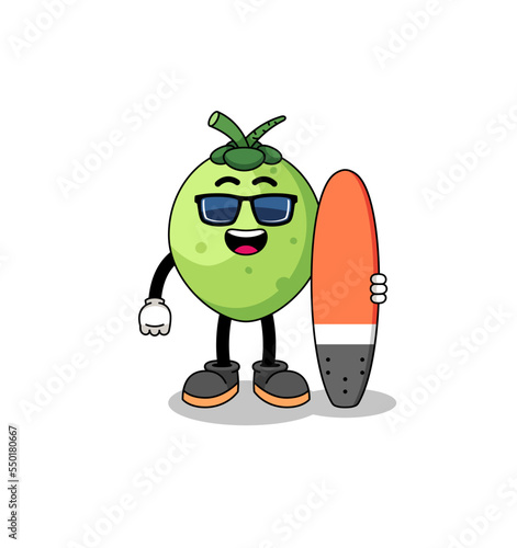 Mascot cartoon of coconut as a surfer