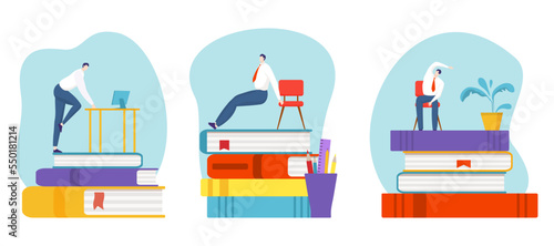 Banner tiny character office worker workplace exercise, healthy lifestyle set card flat vector illustration, isolated on white.