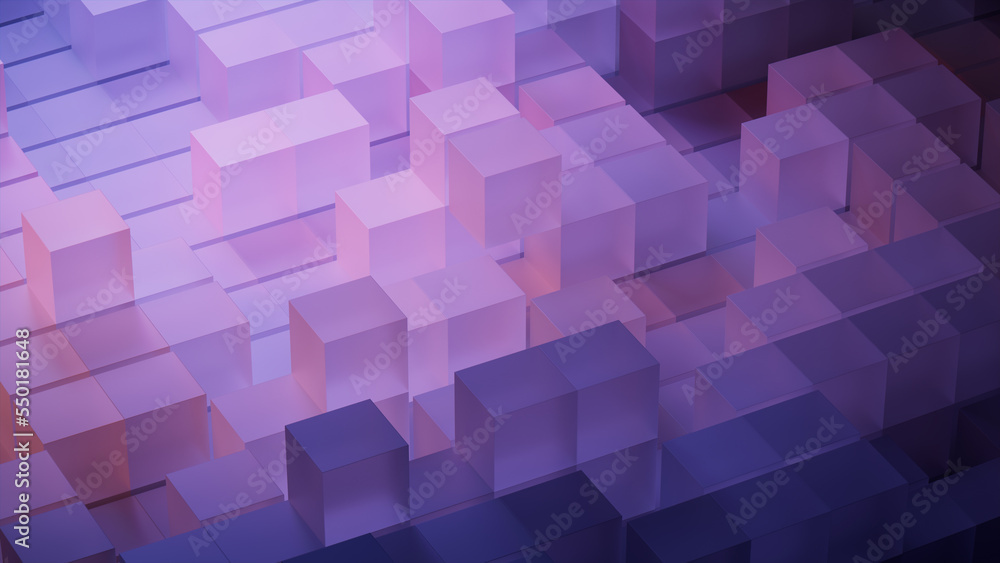 Futuristic Tech Background with Neatly Aligned Translucent Cubes. Violet and Orange, 3D Render. Futuristic Tech Background with Neatly Aligned Translucent Cubes. Violet and Orange, 3D Render.