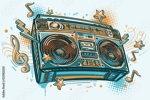 Music design - hand drawn colorful boom box tape recorder and musical notes