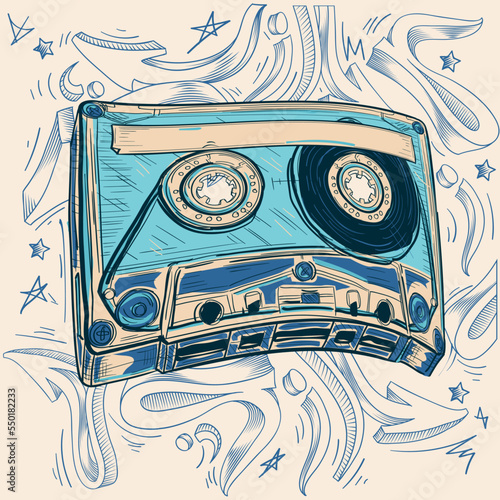Musical design - drawn audio cassette on graffiti arrows backgrounds