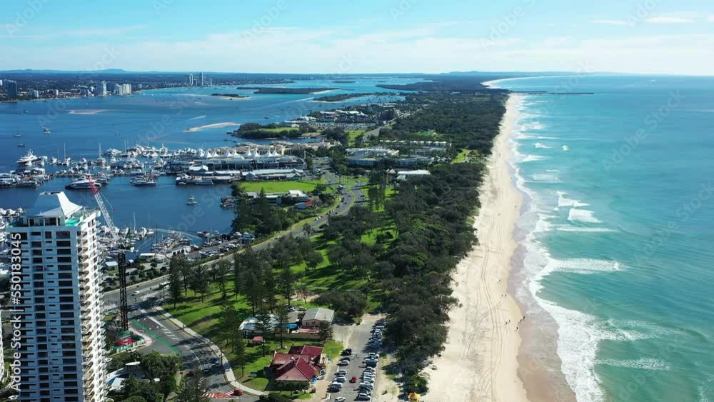 Flying slowly past luxury high rises at Gold Coasts Main Beach. The Beautiful Spit and Broadwater of Queenslands jewel. Flying slowly past luxury high rises at Gold Coasts Main Beach. The Beautiful Spit and Broadwater of Queenslands jewel.