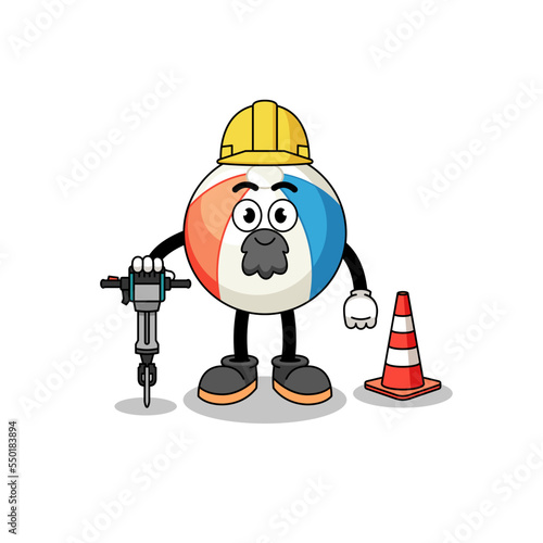 Character cartoon of beach ball working on road construction