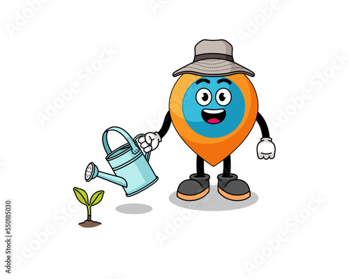 Illustration of location symbol cartoon watering the plant