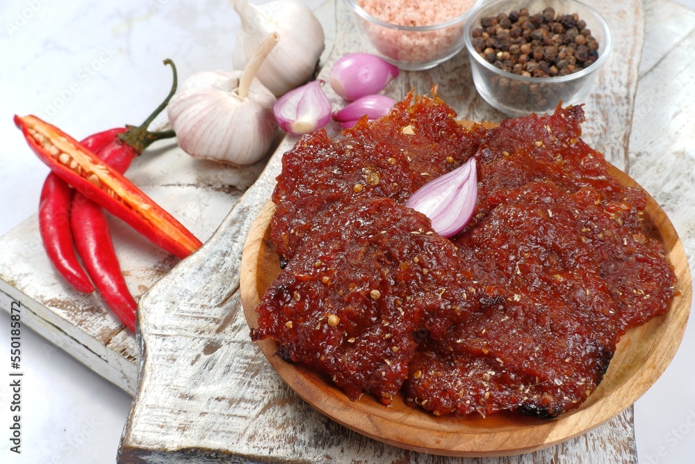 dendeng sapi or indonesian style dried beef jerky,Marinated with spices then fried dendeng sapi or indonesian style dried beef jerky,Marinated with spices then fried