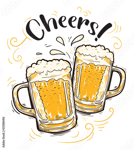Cheers - two glasses of beer drawn cartoon