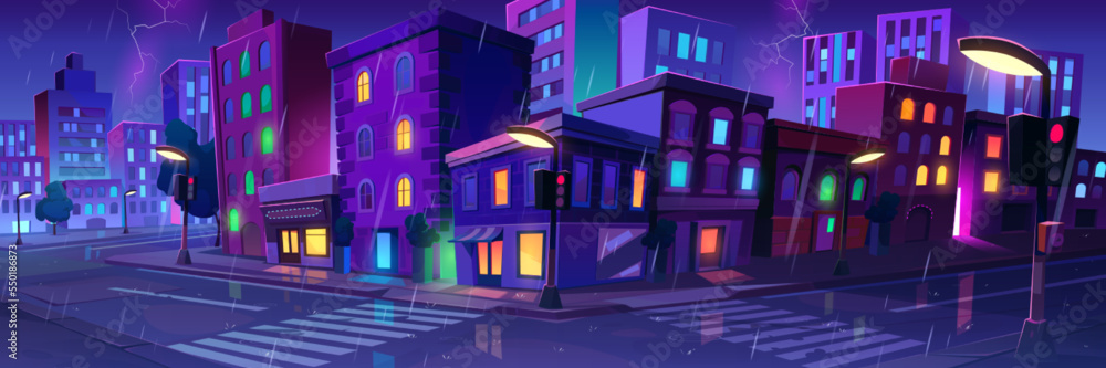 City landscape with houses, car road with street lights and trees in rain at night. Thunderstorm with lightning in old town with buildings and crossroad, vector cartoon illustration City landscape with houses, car road with street lights and trees in rain at night. Thunderstorm with lightning in old town with buildings and crossroad, vector cartoon illustration