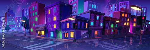 City landscape with houses, car road with street lights and trees in rain at night. Thunderstorm with lightning in old town with buildings and crossroad, vector cartoon illustration