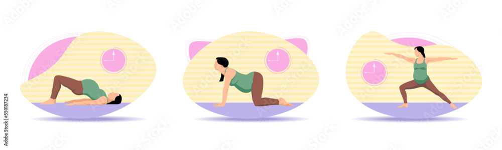 Beautiful prenatal yoga illustration set. pregnant woman doing prenatal yoga. Vector illustration.