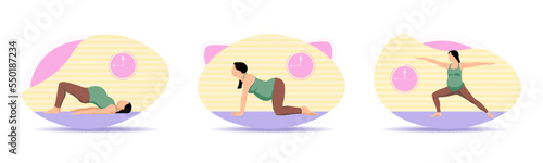 Beautiful prenatal yoga illustration set. pregnant woman doing prenatal yoga. Vector illustration.