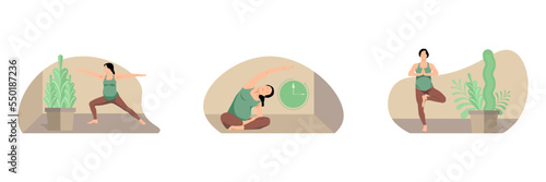 Beautiful prenatal yoga illustration set. pregnant woman doing prenatal yoga. Vector illustration.