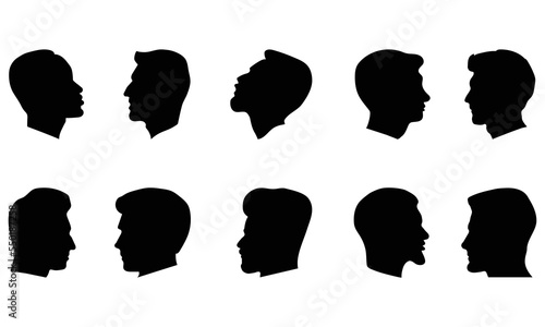 Silhouette man heads in profile. Black face outline avatars, professional male profiles anonymous portraits with hairstyle, vector set.