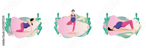 Beautiful prenatal yoga illustration set. pregnant woman doing prenatal yoga. Vector illustration.