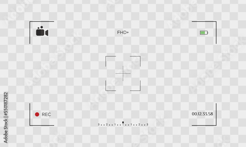 Classic digital video camera focusing screen. White wide-framed viewfinder camera recording. Vector illustration