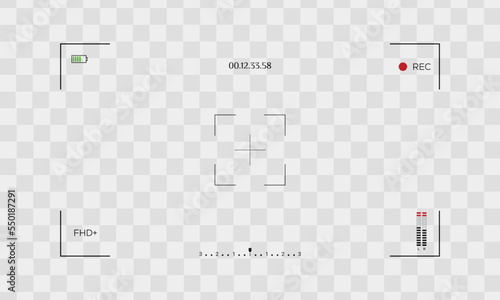 Classic digital video camera focusing screen. White wide-framed viewfinder camera recording. Vector illustration