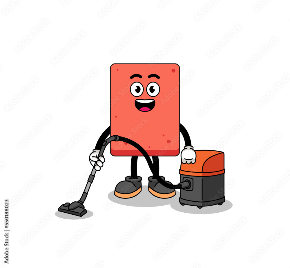 Character mascot of brick holding vacuum cleaner Character mascot of brick holding vacuum cleaner
