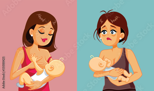 Woman Having Different Breastfeeding Experiences Vector Illustration. Mother battling postnatal depression, stress and baby d feeding difficulties 
