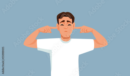 Stressed Man Covering his Ears Vector Cartoon Illustration. Unhappy guy trying to block any sound and noise
