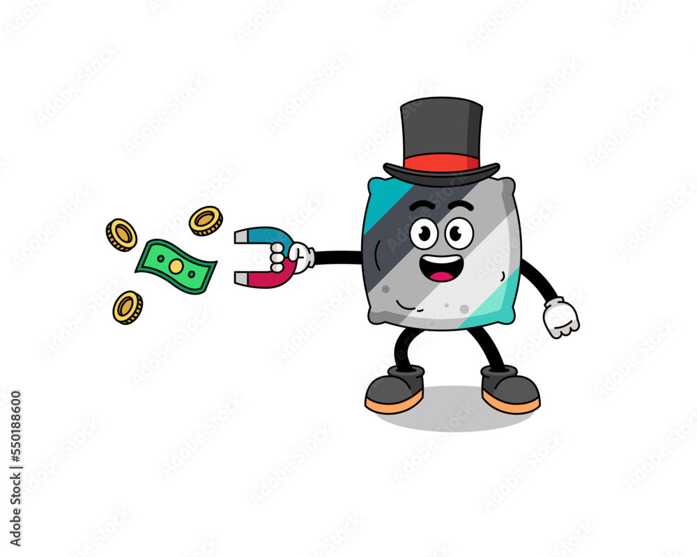 Character Illustration of throw pillow catching money with a magnet