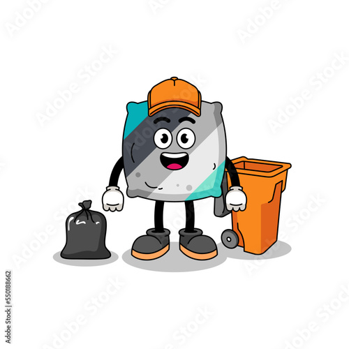 Illustration of throw pillow cartoon as a garbage collector