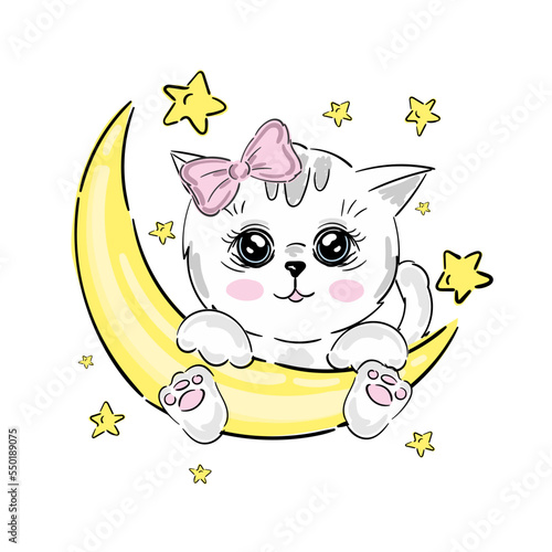 Cute baby girl cat with a bow sitting on a moon. Vector illustration for baby shower, greeting card, party invitation, fashion clothes t-shirt print.