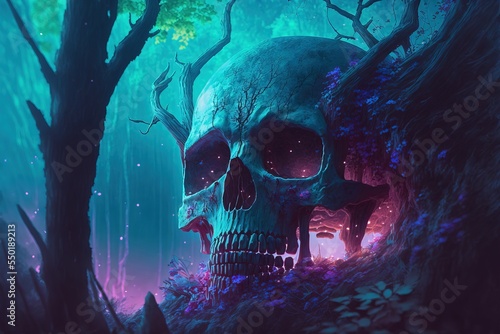 mysterious broken giant skull in fantasy forest. concept art  digital art  illustration.