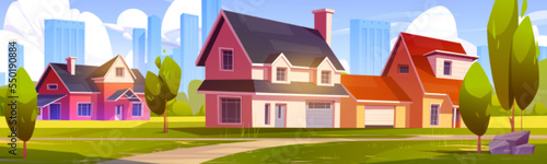 Suburb houses at cityscape view, suburban street with residential cottages, lawn, path and green trees. Two-storied buildings with garages at megalopolis countryside area, Cartoon vector illustration