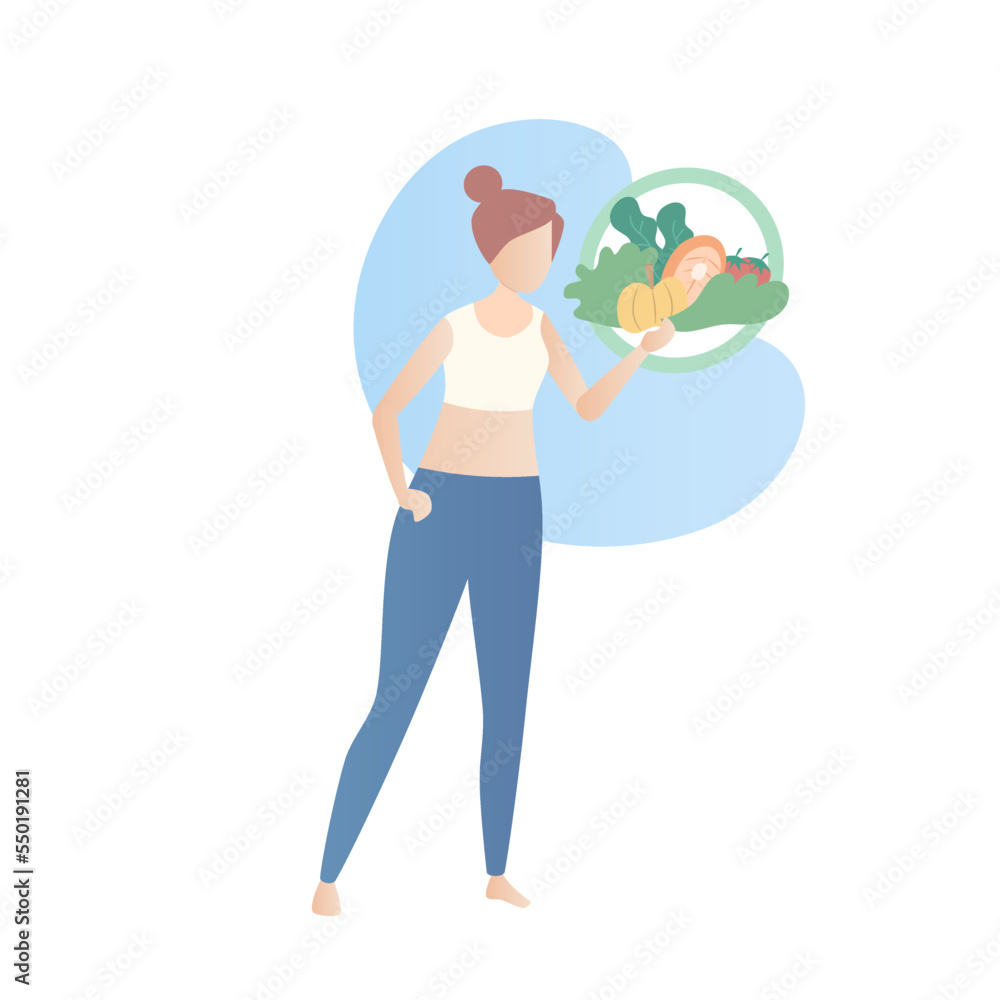 Fototapeta premium Plan for weight loss for female,Diet and Exercise,Woman in workout clothes with healthy vegetables and fish,protein vitamins food natural complete nutrition,Vector illustration.