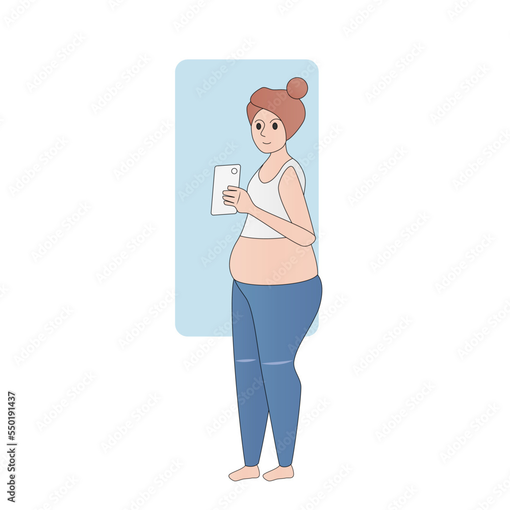 Measuring self body improvement and weight loss progress,female in fitness clothes standing holding mobile phone selfie in front of mirror,Vector illustration.