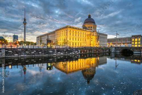 Photography The reconstructed Berlin City Palace with the Television Tower and some dark sto