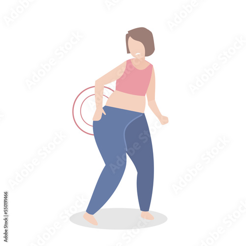Fat women are worry about their own weight gain, making their waists and hips bigger, their pants tight,Notice body shape, lose weight and obesity,Vector illustration.