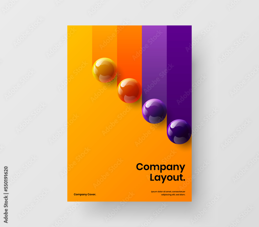 Simple 3D spheres annual report layout. Bright company cover vector design concept.